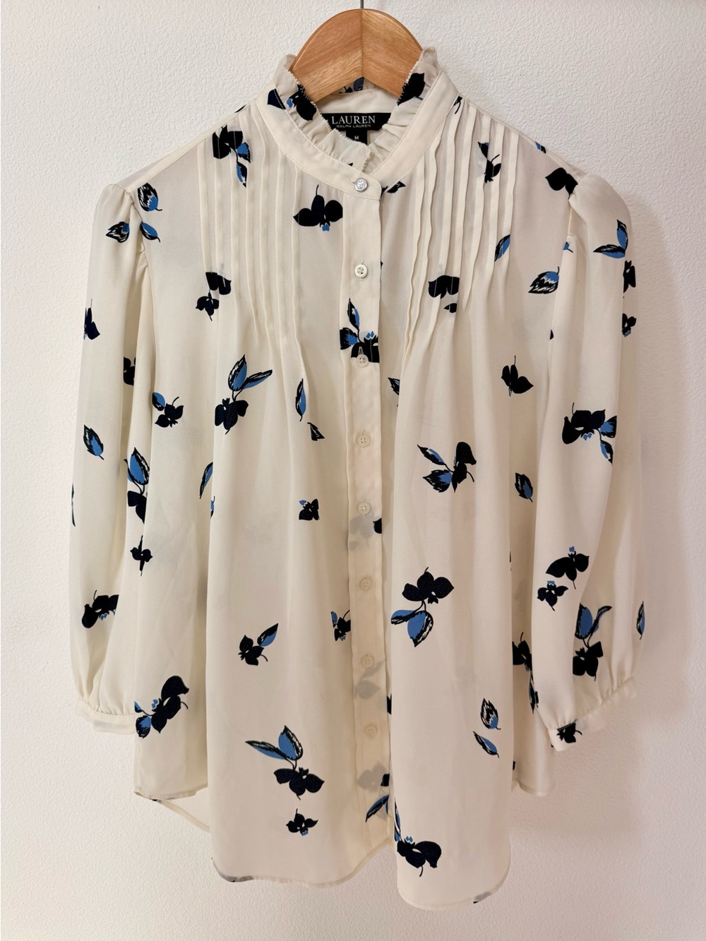 Ralph Lauren Ivory Blouse with Navy and Blue Floral Print Sz M